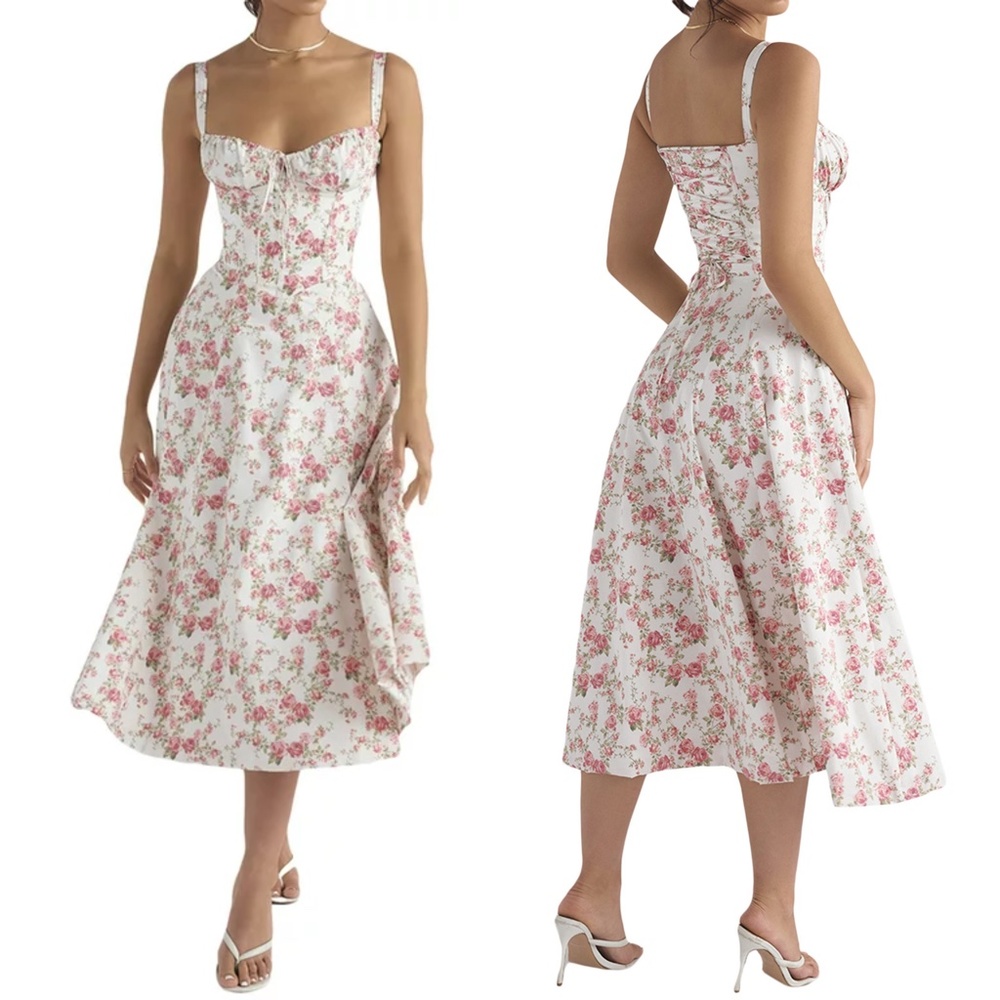 FLORAL PRINTED LACE UP BACK TIE STRING SLIT MIDI SUNDRESS - PINK